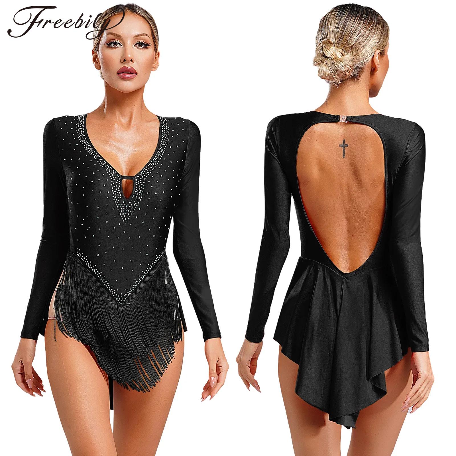 Robe de danse latine pour femmes, Costume de spectacle de patinage artistique cha-cha Tango Samba Rumba, manches longues, strass, glands, justaucorps