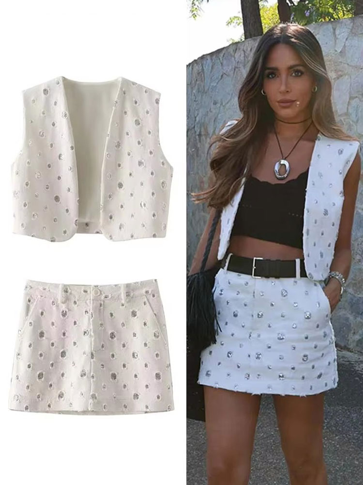 Ensemble jupe à paillettes élégante pour femmes, 2 pièces, gilet sans manches brillant, costumes pour femmes, mode d'été, jupes zippées, 2024