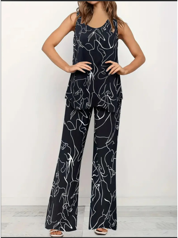 Ensemble de pantalons à jambes droites en fibre pour femmes, manches noires imprimées pour femmes, pantalons adt, ensemble décontracté ChimSummer