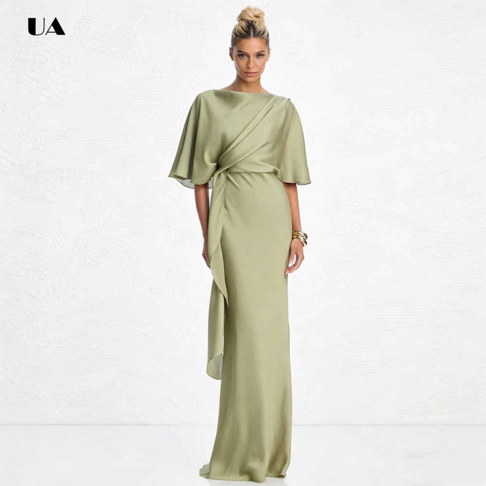Robe de bal droite élégante avec col bateau, robe de soirée en Satin solide avec manches flottantes, robe de soirée drapée classique personnalisée