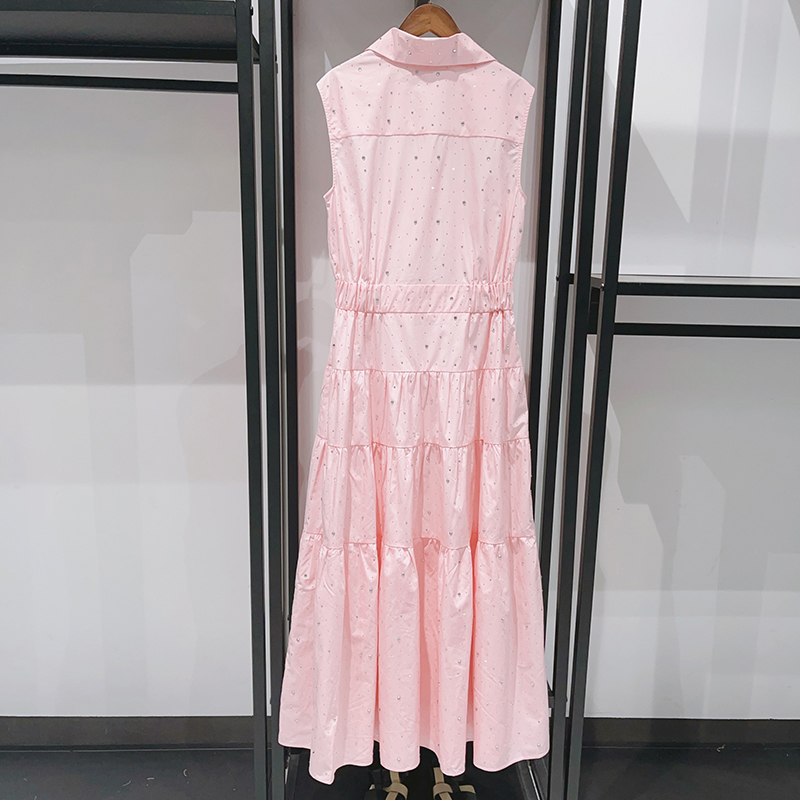 Robe sans manches rose pour femme, col rabattu, ceinture à nouer, strass éclatants, robe patchwork pour femme