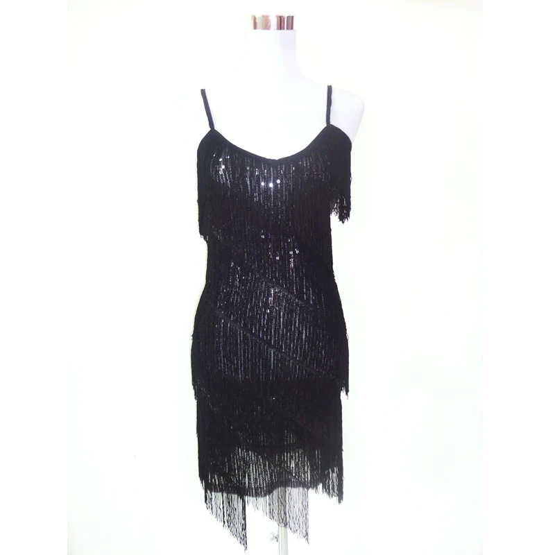Robe Latine à Franges et Volants pour Femme, Vêtement Sexy, à Plusieurs Niveaux, Boîte de Nuit, Danse, Costumes Fantaisie, Col en C, Paillettes