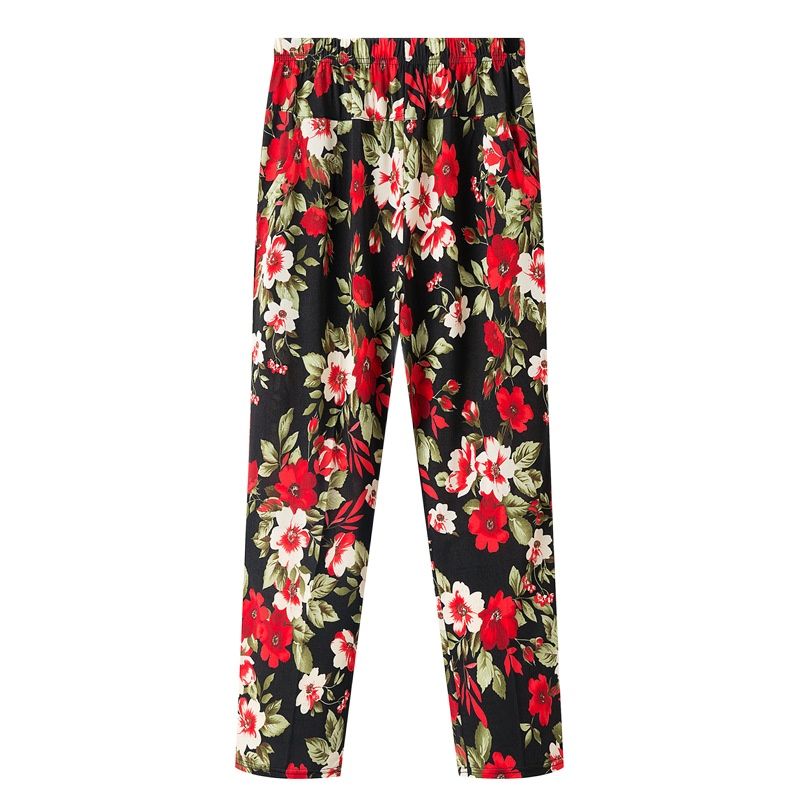 Pantalon d'été pour femme XL-8XL, nouvelle mode 2026, imprimé, en soie glacée fine, coupe droite, taille haute élastique, décontracté, pour femme d'âge mûr