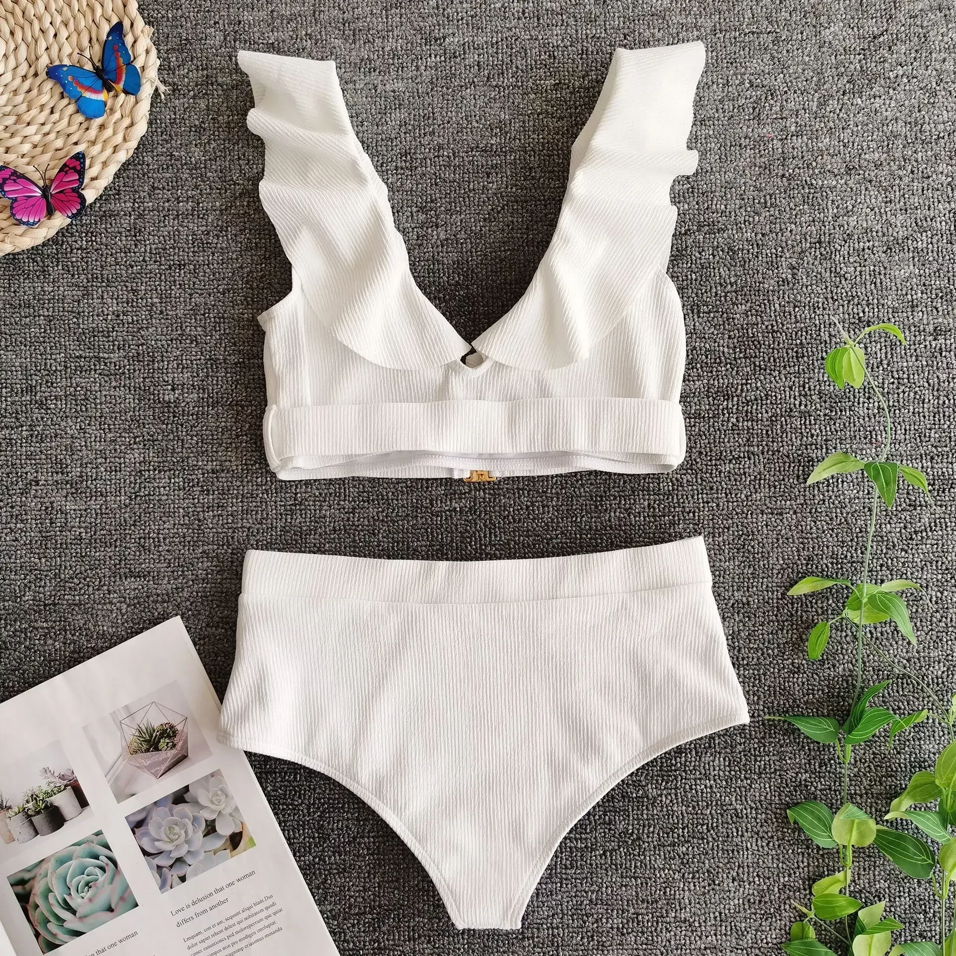 Nouveau Maillot de Bain Sexy Femme 2026 Blanc avec Volants, Col en V, Boucle Métallique, Taille Haute, Ensemble Bikini de Plage Push-Up