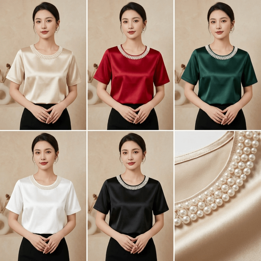 T-shirt en satin de soie ample de luxe léger, élégant, pour femme, style français, à manches courtes, idéal pour le bureau ou l'été