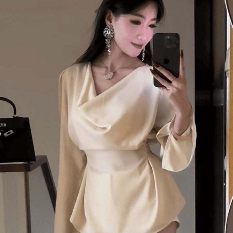 InjSatin-Chemisier évasé à manches longues pour femme, haut basique, tunique bandage, bureau décontracté, coréen, élégant, luxe