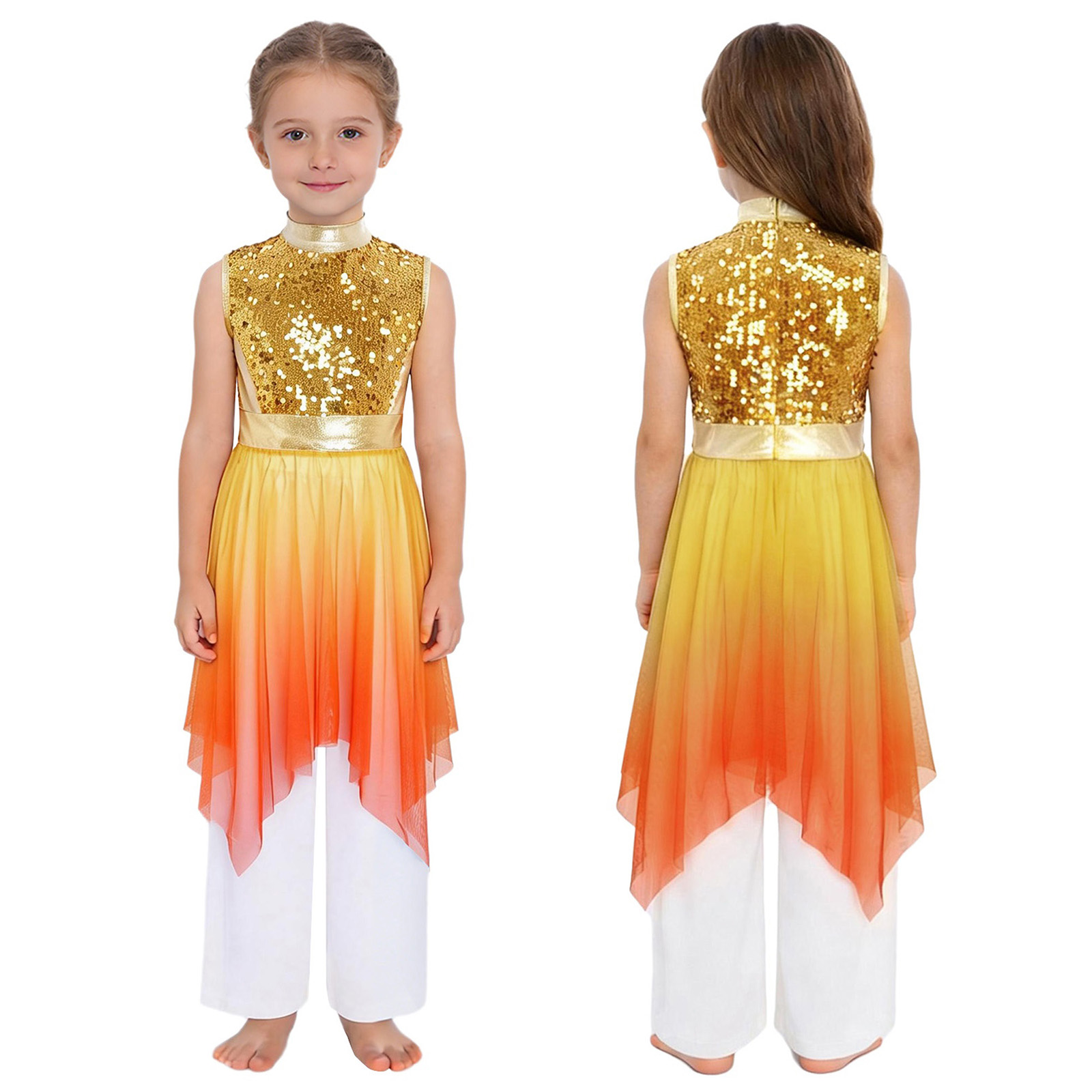 Robe de danse liturgique pour filles, Costume sans manches, ourlet asymétrique, Robe de danse de culte d'église avec pantalon pour la danse lyrique