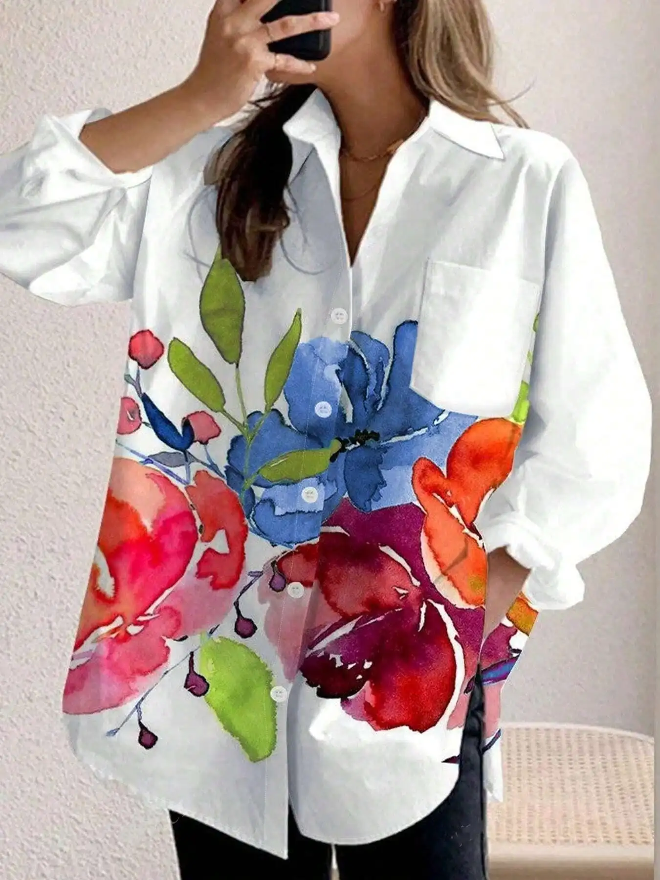 Grande taille femmes mode printemps automne imprimé fleuri poche à manches longues chemise décontractée revers simple boutonnage chemisier ample chemise