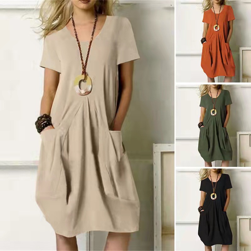 Robes pour femmes 2026 – Nouvelle collection été en coton et lin, couleur unie, coupe ample, col rond, manches courtes, longueur genou – Vêtements Vestidos
