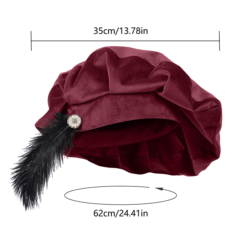 Béret médiéval avec plume, chapeau Tudor, casquette de minstre, casquette de la Renaissance Elizabethaine, bonnet royal victorien, costume de cosplay