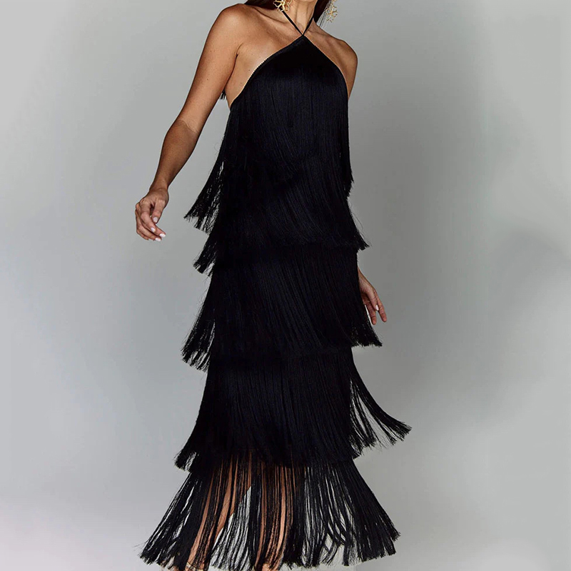 Robe de soirée Chic pour femmes, couleur métallique, Sexy, col licou, à lacets, élégante, dos nu, sans manches, superposée, Slim