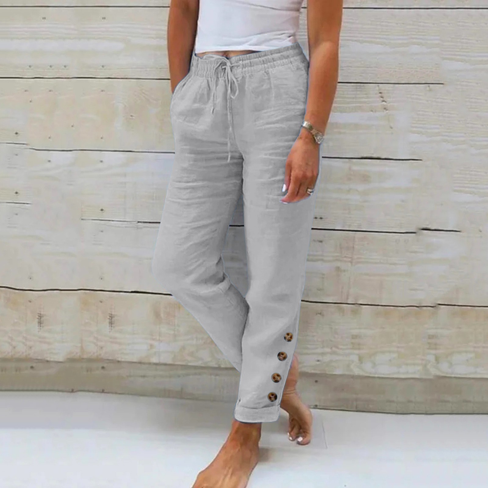 Pantalon décontracté en lin pour femmes, avec taille élastique, couleur unie, ample, Long, à bretelles, combinaison à jambes larges