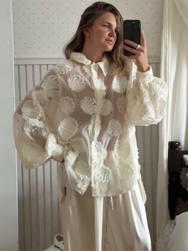 Chemisiers pour femmes, chemises à col à revers transparentes, manches longues bouffantes, motif floral 3D, simple boutonnage, coupe oversize ample, élégants, pour le quotidien et le streetwear