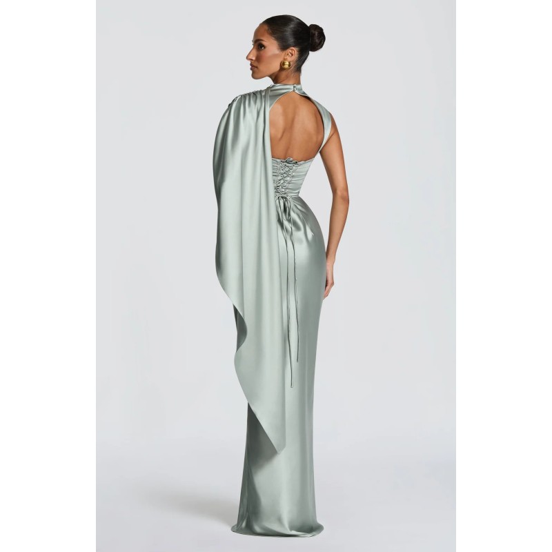 Robes de soirée élégantes pour femmes, robe de soirée en satin drapée avec cape, robe formelle à col montant et dos corset avec taille froncée 2026