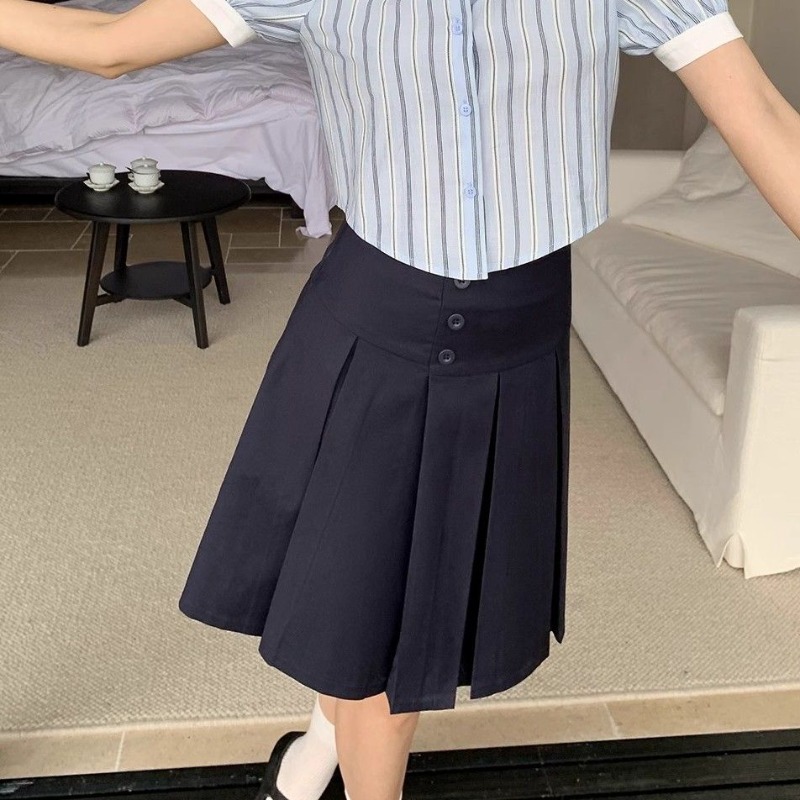 Jupe mi-longue plissée taille haute pour femme, style preppy, bleu foncé, pour le bureau ou décontractée, été