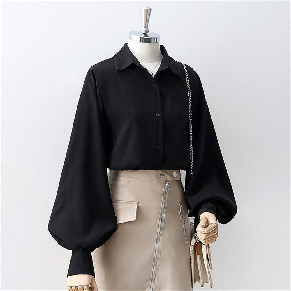 Chemises à manches lanterne de style coréen pour femmes, chemisiers monochromes, col rabattu, simple, adt, automne, mode assortie, 2022