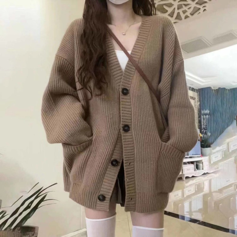 Automne hiver femmes Cardigan pull manteaux mode femme à manches longues col en v lâche tricoté vestes pull décontracté Cardigans