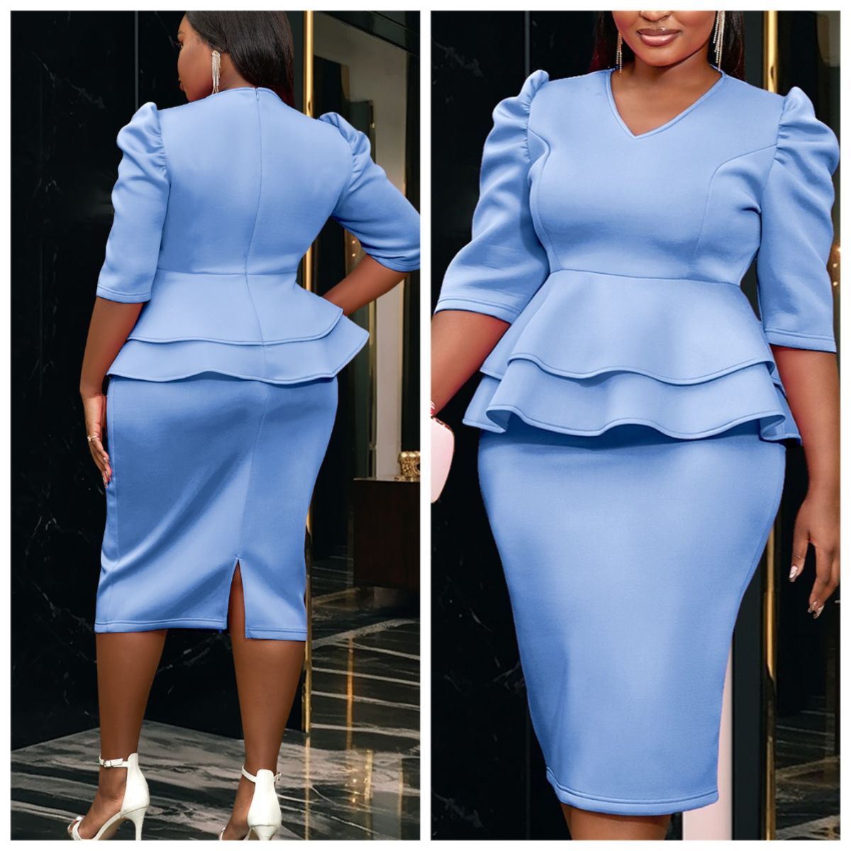 Robe d'église élégante pour femmes, à volants, péplum, taille, couverture du ventre, grande taille, col en V, gaine, occasions formelles, événement de Cocktail, invité de mariage