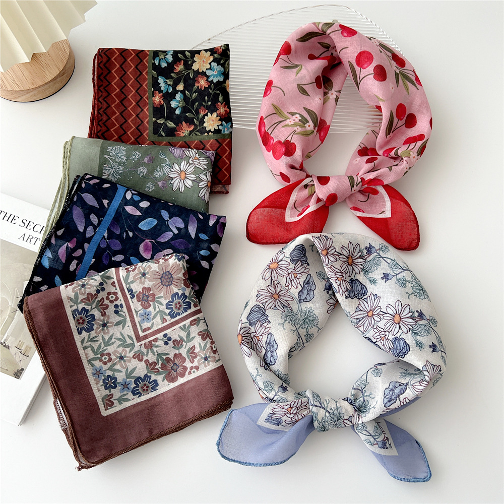 Foulard carré en coton et lin de 55 cm pour femmes, style coréen chic, bandeau décoratif tendance, foulard floral pour le cou, idéal printemps-été