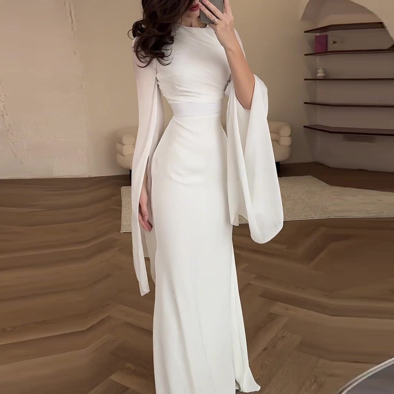 Robe de Soirée Longue en Satin pour Femme, Tenue Élégante, Couleur Unie, Col Rond, Manches Chauve-Souris, Taille Haute, Plissée