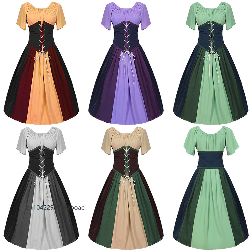 Robe de soirée pour femme, style médiéval rétro, à col unique, avec manches volantées en dentelle, patchwork et couleurs contrastées, pour Halloween