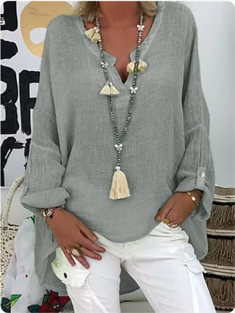 Chemise ample décontractée pour femmes, mode couleur unie, haut confortable, col en v, manches longues, chemisier léger, printemps automne