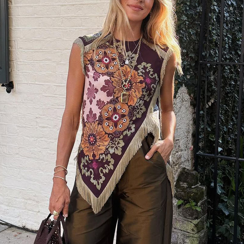 Ethnique Vintage imprimé fleuri femme vêtements élégant col rond gland croix fendu haut irrégulier été sans manches fermeture éclair Blouse chemises
