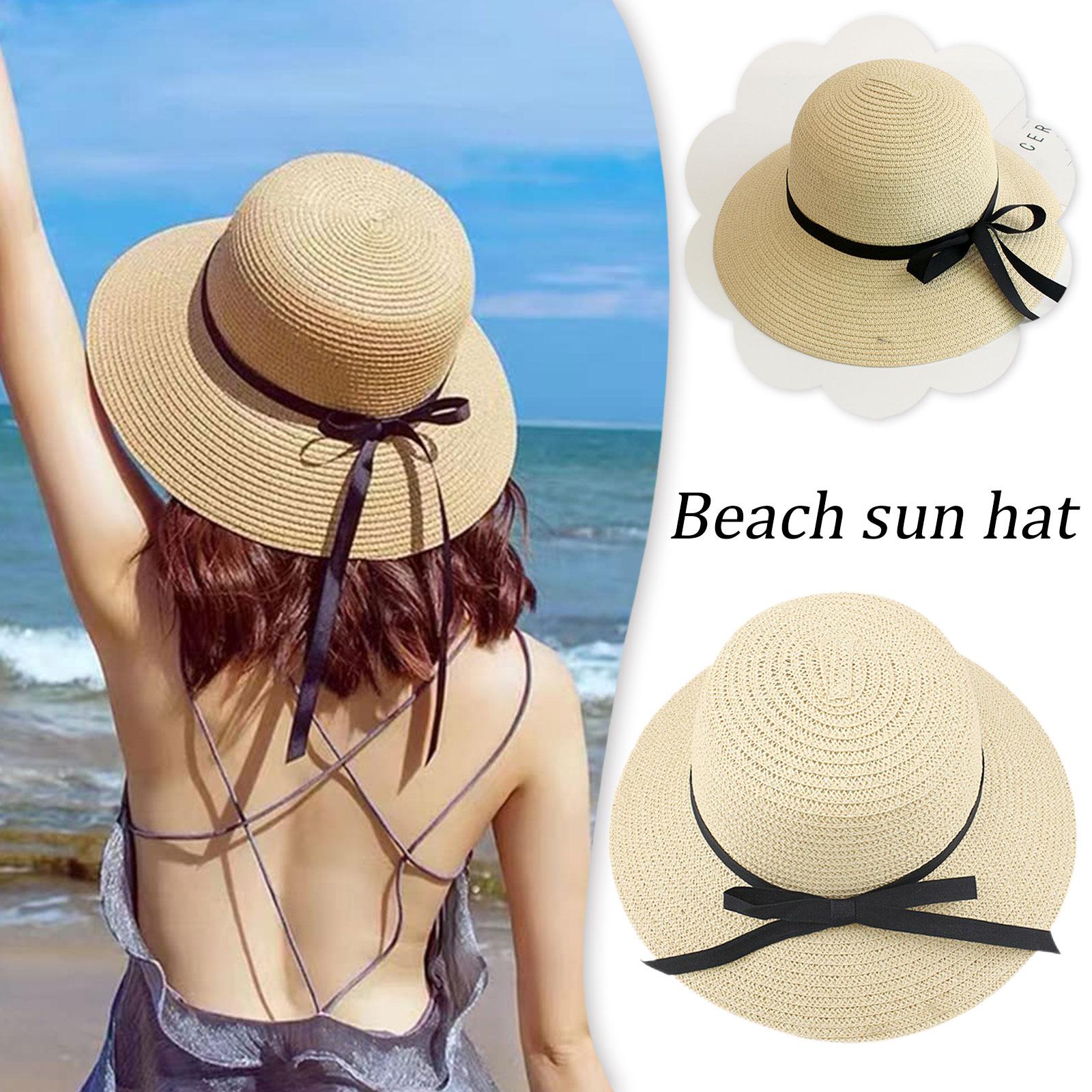 Chapeaux de plage pour femmes adultes, casquettes de protection solaire simples, chapeaux de paille d'été pour femmes, chapeaux de soleil pliables avec nœud pour voyage