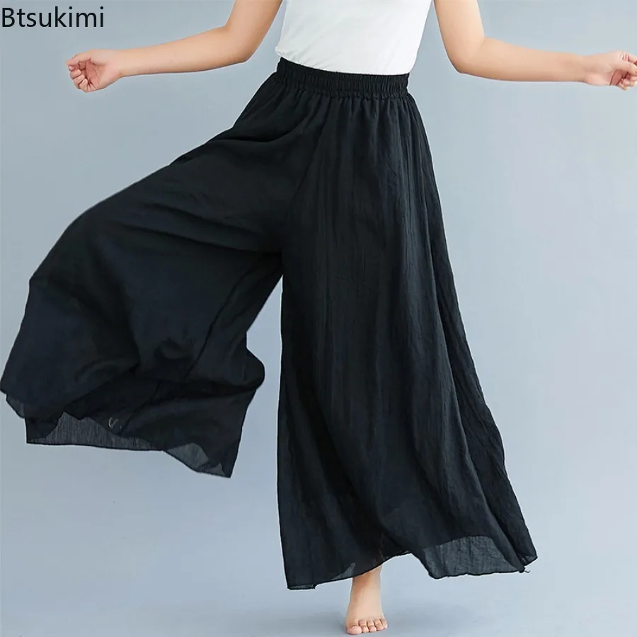 Pantalon décontracté style ethnique 2026, nouveau pantalon large en coton et lin, culotte unie, confortable et polyvalent, style vintage pour femme