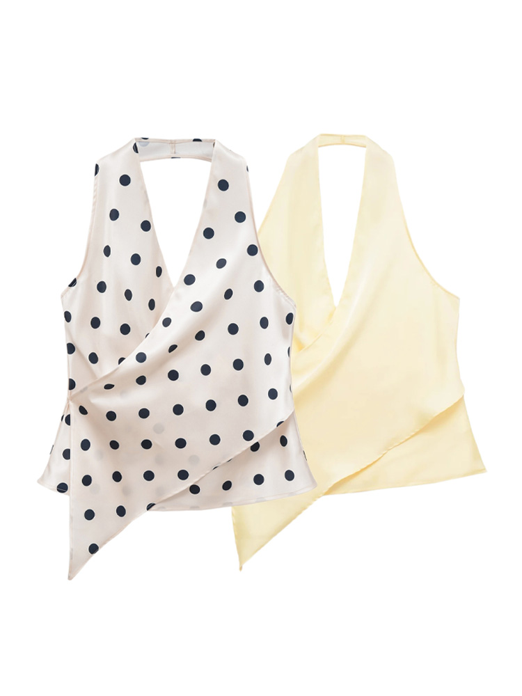 HH Hauts Halter Femme Tendance, en Satin Élégant, à Ourlet Asymétrique Drapé, Sans Manches, Style Gilet d'Été, Décontracté pour Soirée, à Pois