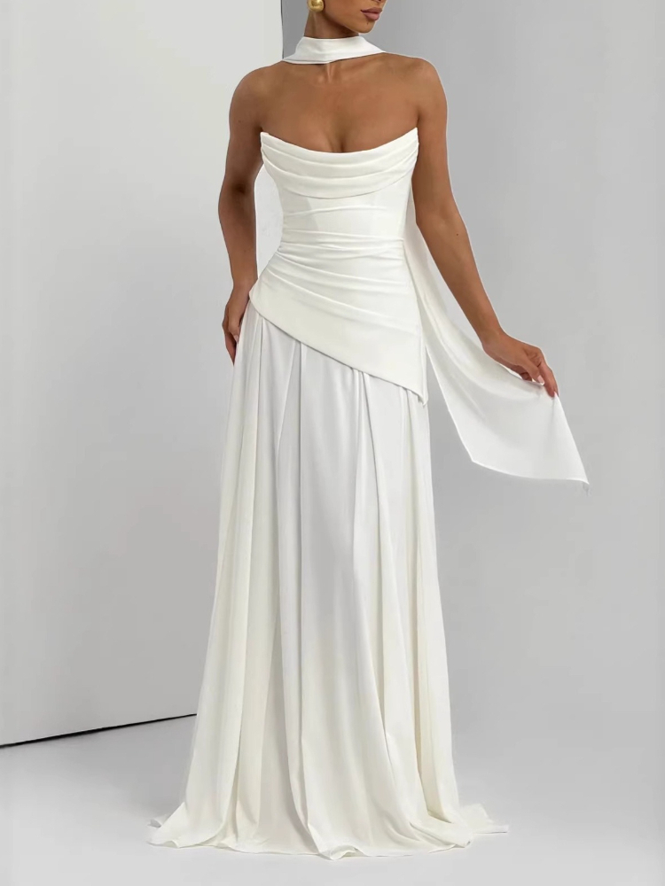 Robe de soirée élégante en mousseline simple, sans bretelles, col drapé, détail drapé, dos lacé, écharpe convertible, robe longue pour bal et mariage