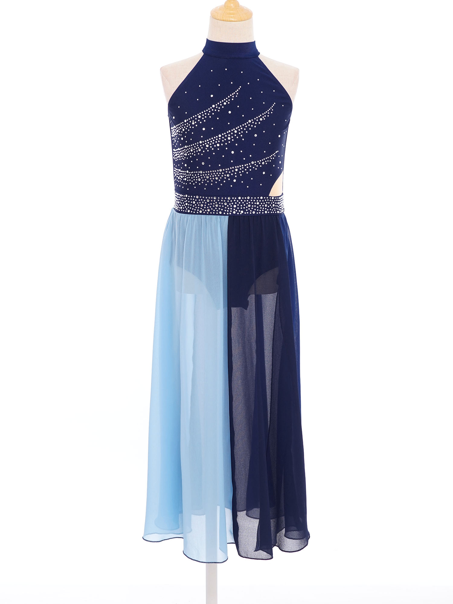 Costume de spectacle de danse lyrique moderne pour filles, sans manches, strass, fente latérale, robe justaucorps en mousseline de soie, danse contemporaine de Ballet