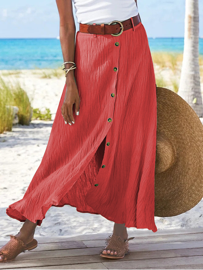 Jupe d'été en coton et lin pour femmes, fendue à boutons importants, imprimé floral, mode polyvalente, vacances, plage, jupe mi-longue