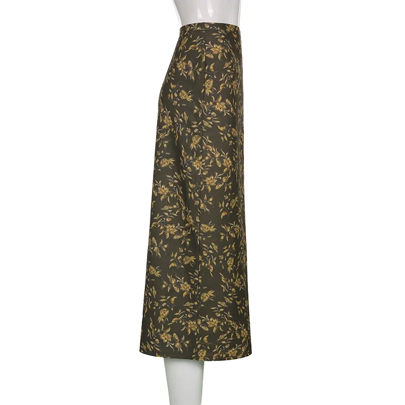 Robe d'été pour femmes, style vintage, jupe à motif imprimé feuilles brunes, taille basse, jupes à fleurs, tenues de plage, streetwear Y2k