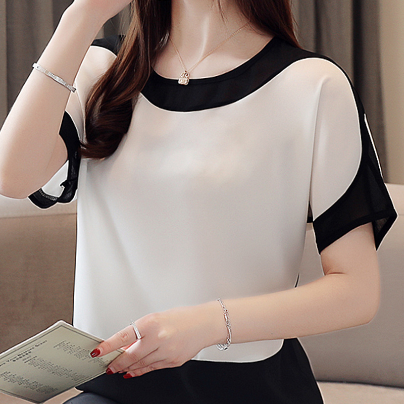 Chemisiers été chemisier blanc à manches courtes Blouse femmes Blusas Mujer De Moda 2024 Verano col rond en mousseline De soie Blouse chemise hauts E753