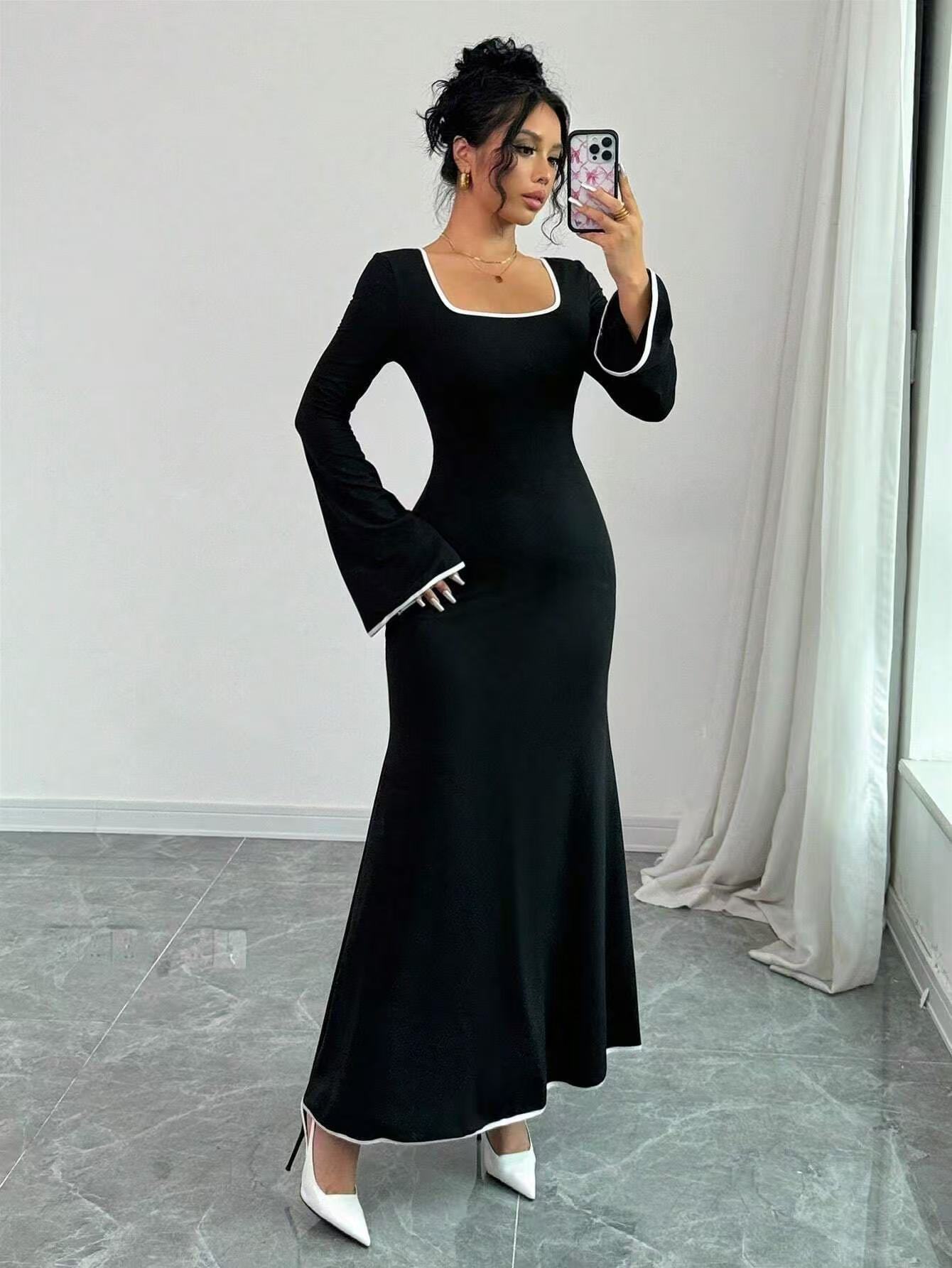 Robe à manches longues et col carré pour femme, couleur contrastée