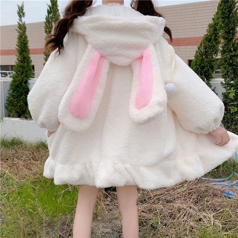 Veste d'hiver à capuche pour femme, Cardigan à manches longues, duveteux, Harajuku, Kawaii, oreilles de lapin, fermeture éclair, manteau en peluche, vêtements chauds à volants, 2021