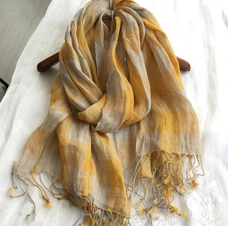 Écharpe jaune à carreaux en lin pour hommes et femmes, pashmina, châles, enveloppes, tête, abonnés, glands, printemps, 100%