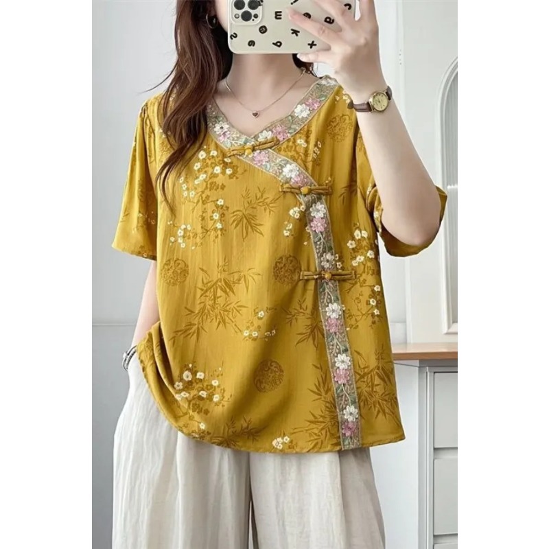 Chemisier en lin pour femme, style vintage, imprimé bambou, col cheongsam, tunique décontractée à manches 3/4