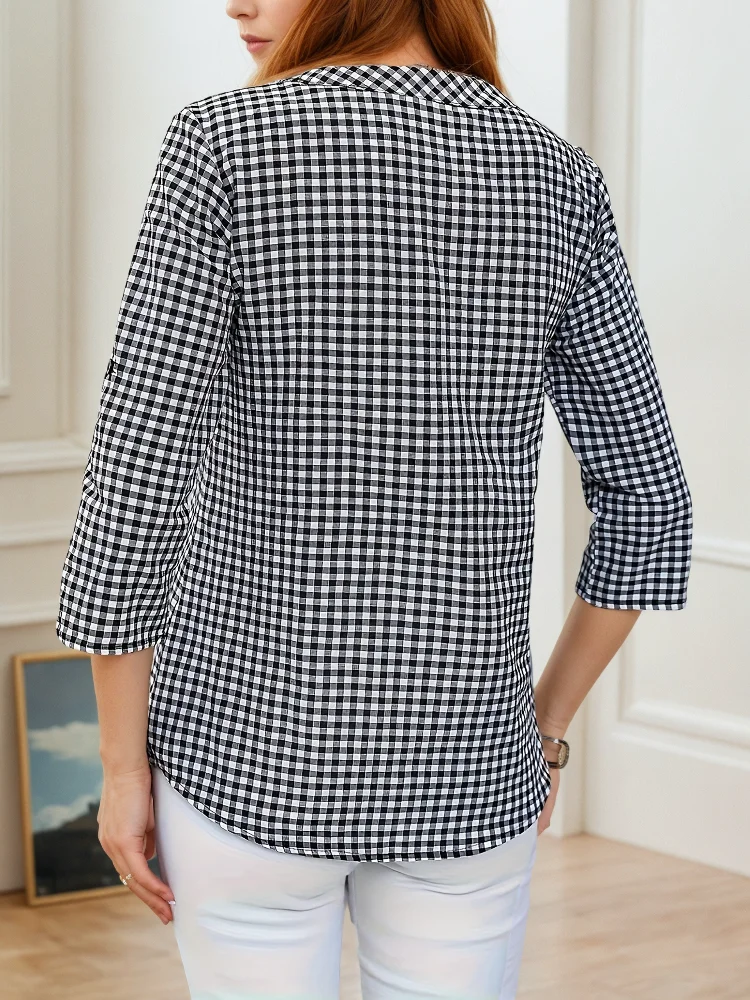 Grande taille printemps automne femmes Fine Plaid mode à manches longues col en v Blouse coupe ajustée tempérament haut ventre couvrant petites chemises