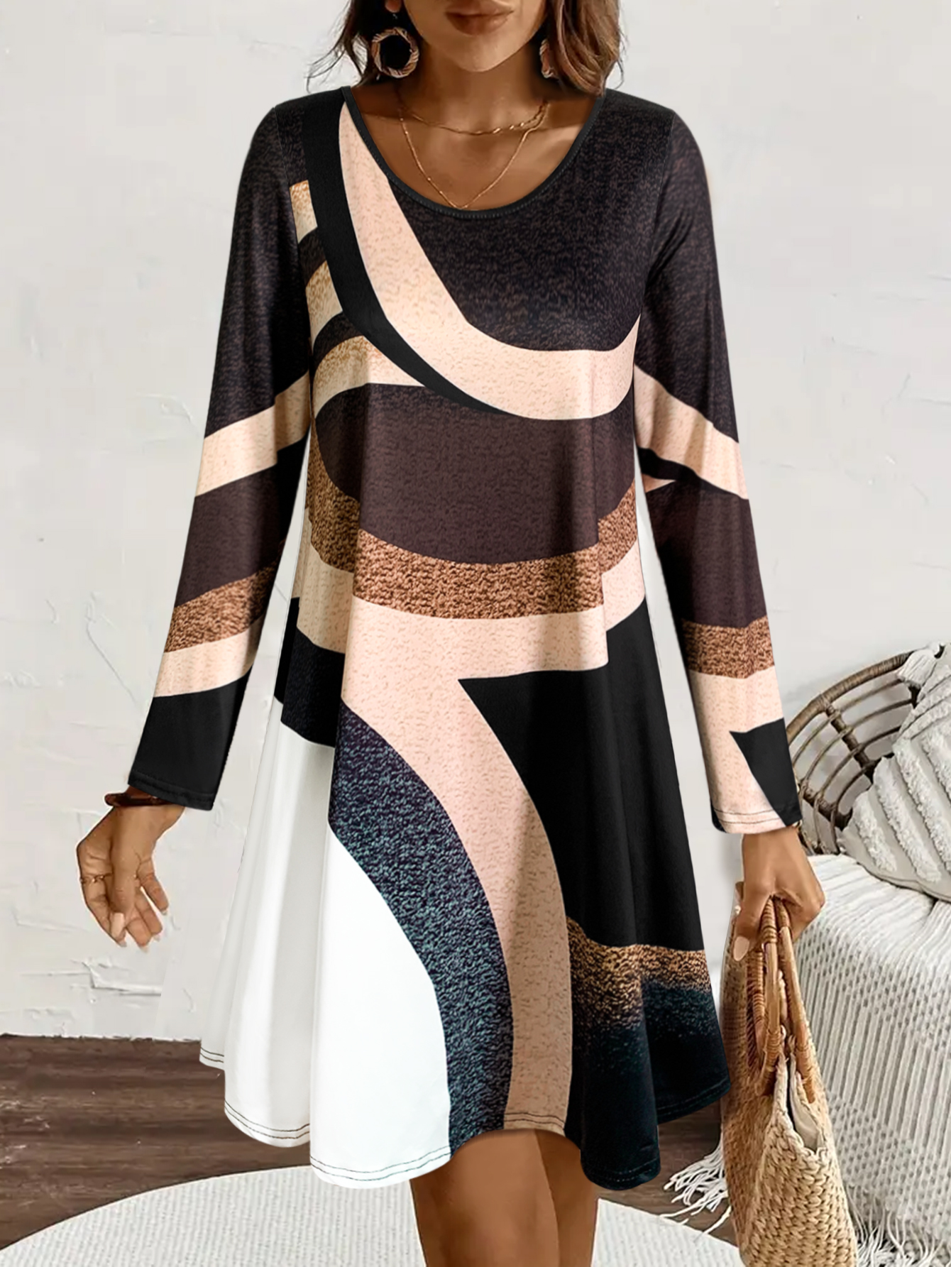 Robe à manches longues et col rond pour femmes, bloc de couleurs géométrique, tenue d'automne et quotidienne décontractée, tenue d'automne à la mode pour femmes