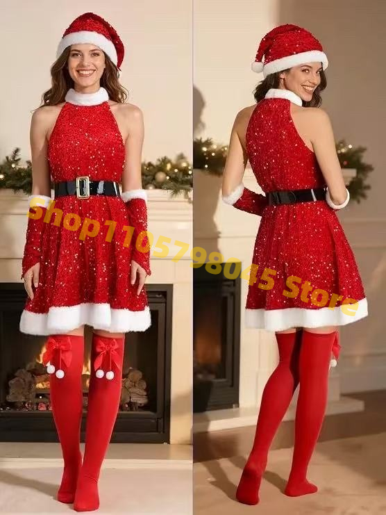 Ensemble de robe de Noël à paillettes pour femme, tenue festive verte avec chapeau, oreilles d'elfe, ceinture, chaussettes et couvre-chaussures pour fête de Noël et spectacle sur scène