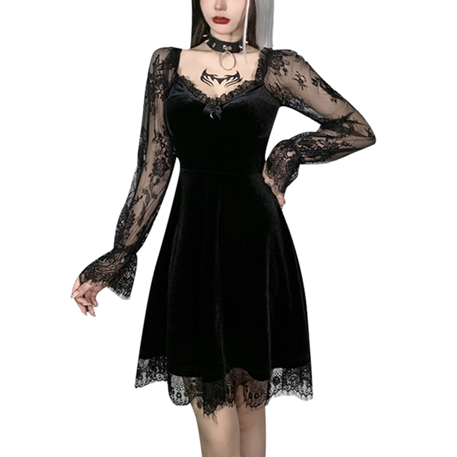 Robe cousue en dentelle à manches longues pour femmes, sexy, gothique foncé, document solide, nouvelle mode, 2024