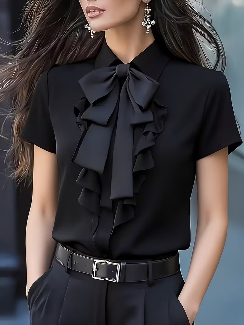 Chemisier élégant à nœud papillon et volants, manches courtes, pour femme, idéal pour le bureau ou les tenues décontractées