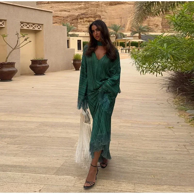 Robe longue tricotée à franges pour femmes, élégante, ample, col en v, manches longues, écharpe, Robes d'été, plage, vacances, nouvelle collection 2025