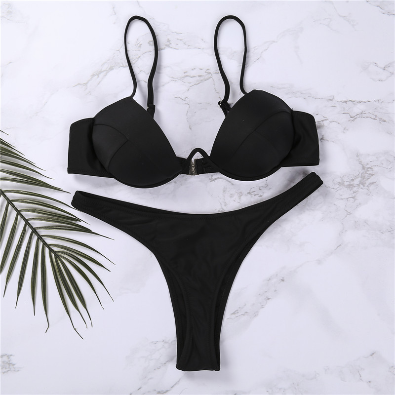 Nouveau Sexy femmes Push Up Bikini ensembles solide noir blanc coupe basse plage maillots de bain pour femmes col en v rembourré maillot de bain