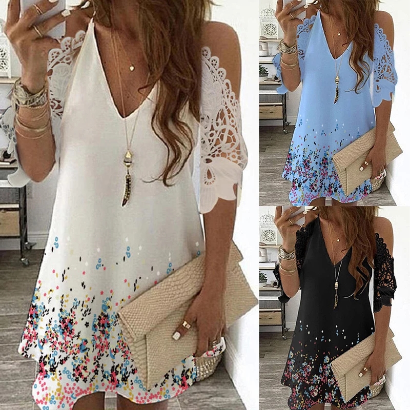 Grande taille Sexy robe à épaules dénudées femmes Vintage dentelle florale demi manches Mini robes décontracté fronde col en V plage robes de soirée