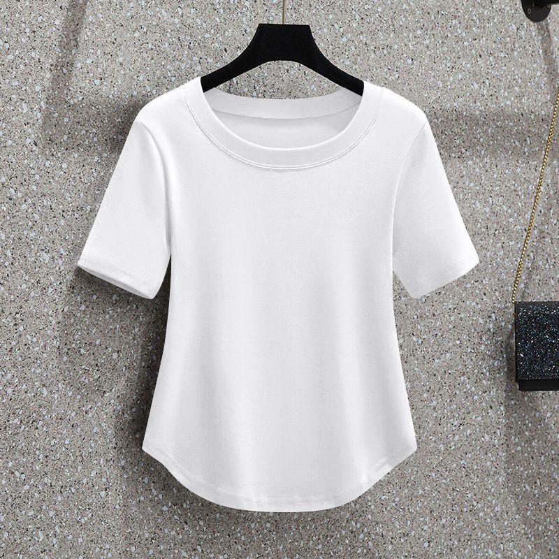 T-shirt coréen pour femme à col rond, doux, cintré, à manches courtes, couleur unie, respirant et léger