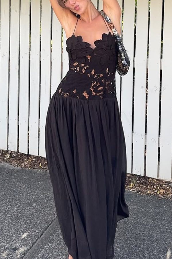 Robe femme brodée fleur Patchwork voir à travers dentelle Spaghetti sangle robes mode Sexy fête longue robes femme