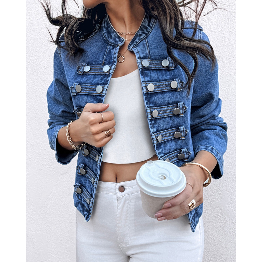 Automne femmes col montant à manches longues bouton avant manteau décontracté printemps Denim vestes Femme décontracté asymétrique ourlet manteaux